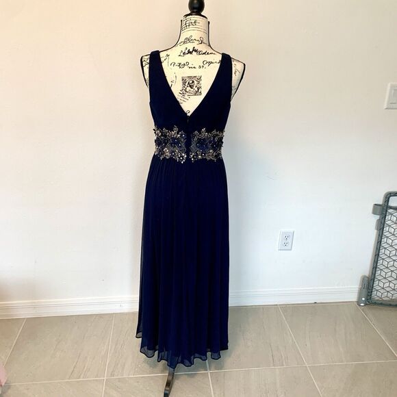 Betsey Adam Navy Blue Gown With Illusion Waist Dress Size 6 Petite - Picture 2 of 7